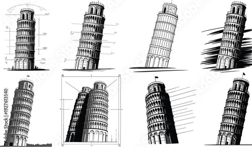 Leaning Tower of Pisa architectural vector illustrations, multiple perspectives and sketches, tilted bell tower study, black and white technical and artistic silhouettes