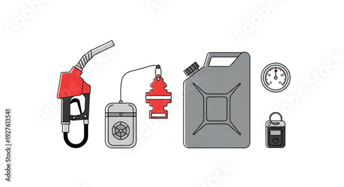 Fueling up - A collection of gas cans and fuel nozzles for transport.