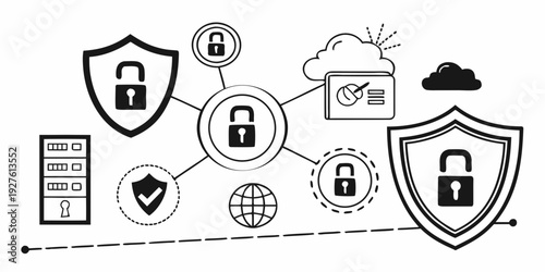 Illustration of interconnected security icons representing data protection and cybersecurity. Vector