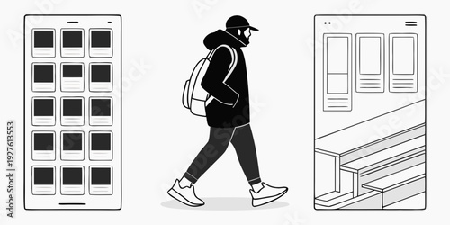 A woman in a black jacket and black pants walks past a building with large windows. Vector