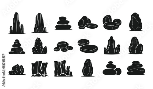 Black silhouette of cacti stones and logs cactus