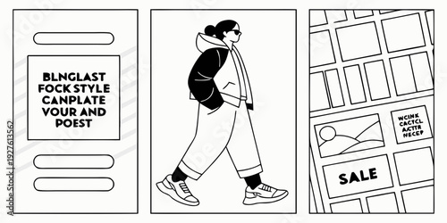 A woman in a white dress with a black hat and a black purse standing in front of a store window. Vector