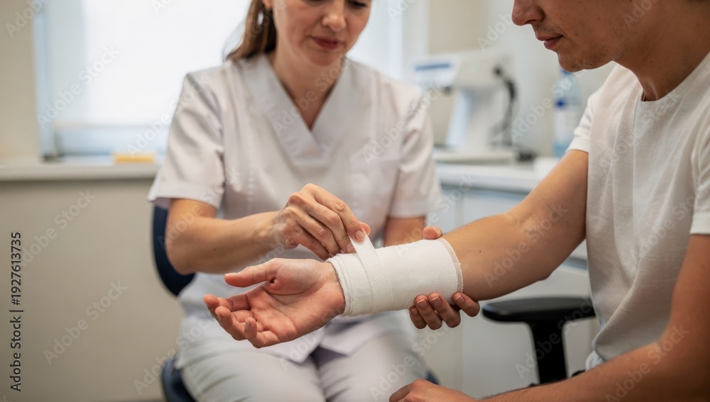 Obraz premium Nurse Applying Arm Bandage To Male Patient In Clinic, Focused Wound Care, Seated Patient, Sterile Gauze, Professional Touch, Calm Clinical Atmosphere, Medical Supplies Visible In Background.