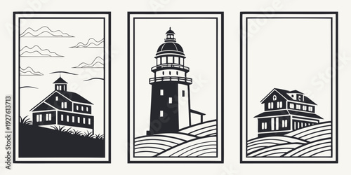 Three distinct architectural buildings illustrated in a minimalist black and white line art style. Vector