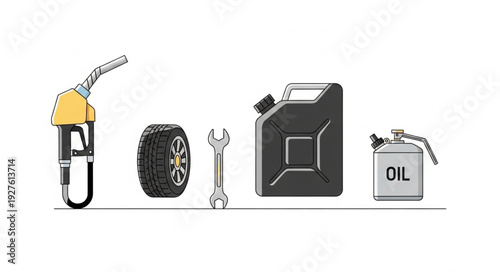 Essential automotive tools and fuel equipment for vehicle maintenance and repair tasks.