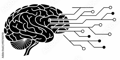 Intricate illustration of a brain connected to a network of circuits Vector