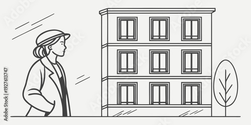 A woman standing in front of a tall apartment building with a thoughtful expression. Vector