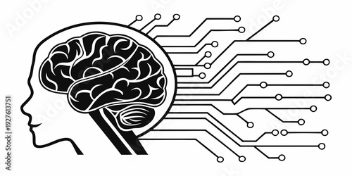 Illustration of a human head with a brain connected to a circuit board. Vector