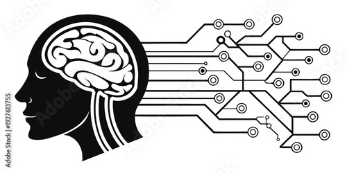 A stylized representation of a human head with a brain and interconnected circuits. Vector