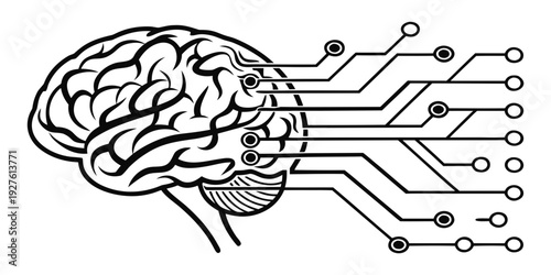 Intricate illustration of a brain connected to various technological components Vector
