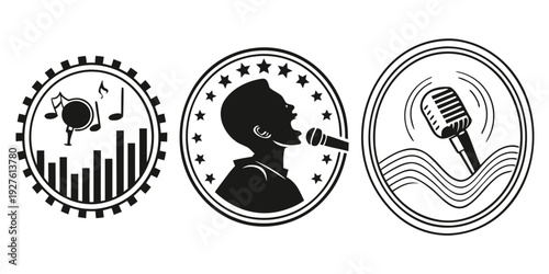 Three circular icons representing data analysis, user privacy, and security. Vector