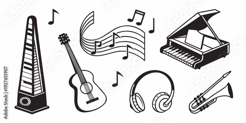 Assorted musical instruments and tools displayed on a white background Vector
