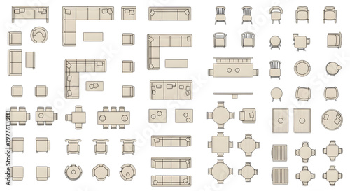 Furniture Top View Vector Collection – Sofa Layouts, Wooden Chairs, and Dining Tables for Interior Plans