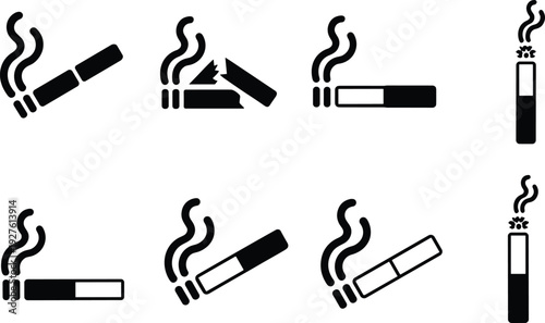 Cigarette icon set with smoking, broken, and extinguished variations isolated on white background, tobacco symbols, health risks, addiction warning, vector illustration