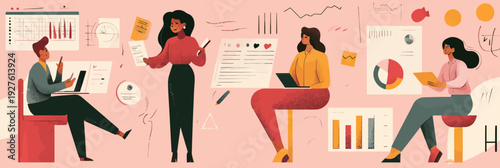 Diverse business people collaborating in office with digital graphs charts financial analysis and data presentation vector illustration flat minimalist style
