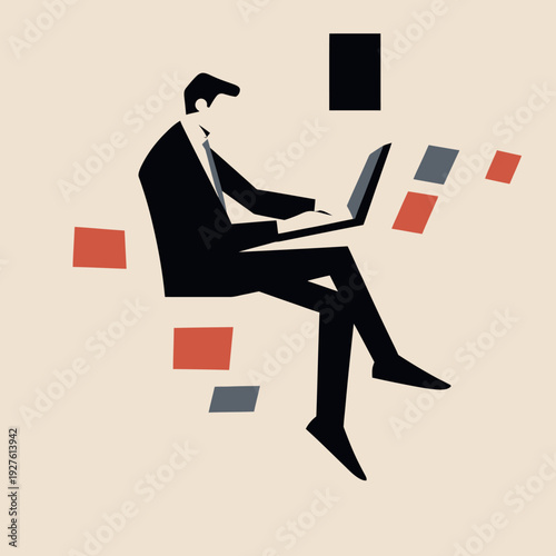 Minimalist business man in suit working on laptop with floating documents in flat vector style on beige background