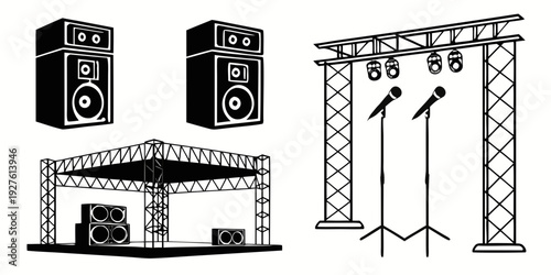A stage setup with speakers, lighting, and a backdrop for a live performance Vector