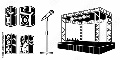 A stage with speakers and a microphone on a stand in front of an audience Vector