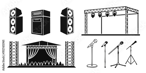 Obraz na płótnie Stage setup with speakers, lighting, and microphones for a live event Vector
