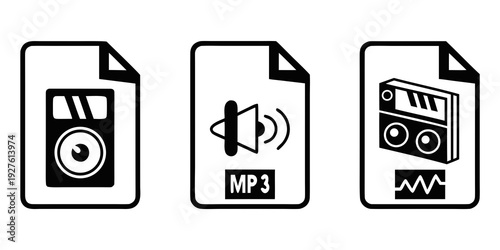 Three distinct icons representing different types of audio file formats. Vector