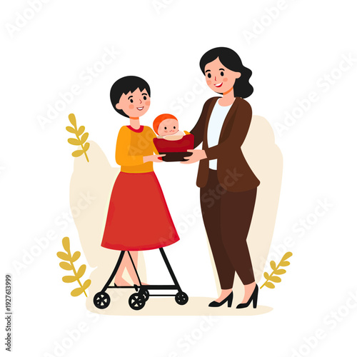 Happy woman handing baby in carrier to young lady with scooter outdoors in minimalist flat style vector illustration for family and childcare concept