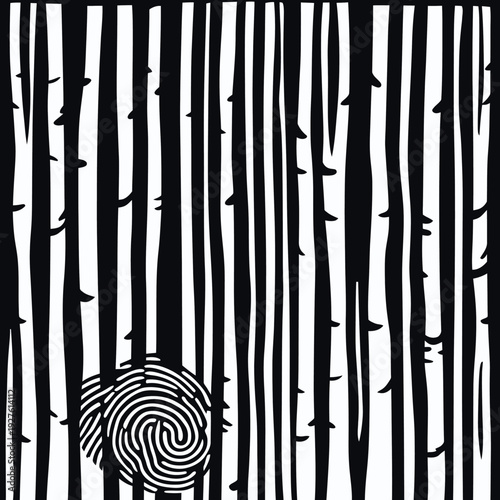 Black and white minimalist vector illustration of birch tree forest with fingerprint pattern integrated into tree bark design unique artistic concept