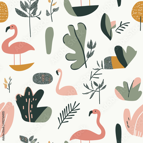 Seamless minimalist flamingo pattern with abstract tropical leaves and botanical elements in muted pink green and mustard colors vector background design