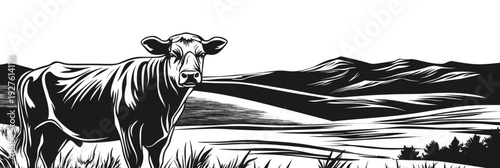 Black and white engraving vector of a cow standing in grassy field with rolling hills and distant trees in minimalist landscape countryside scene