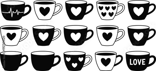 Collection of coffee cup icons and silhouettes featuring heart patterns heartbeat line and love text for cafe and Valentine concepts