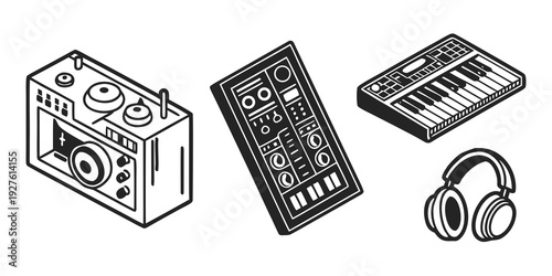 A collection of various electronic devices including a radio, mobile phone, keyboard, and headphones. Vector