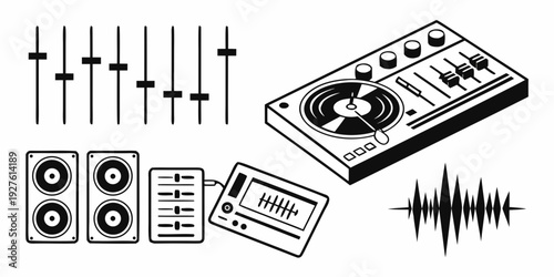 A collection of audio equipment including speakers, a mixer, and sound waves. Vector