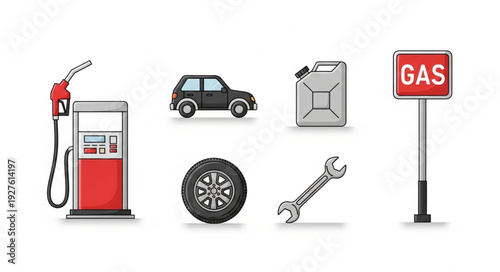 Gas station and car related objects, including tire and wrench, on white background.