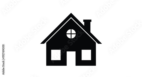 Simple black silhouette of a house with a chimney and window
