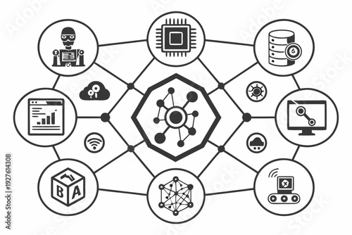 A visual representation of various interconnected digital and physical security measures Vector