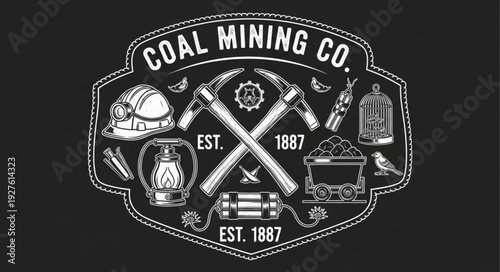 Vintage Coal Mining Company Emblem Depicting Mining Tools and Gear.