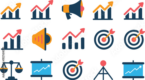 Business growth and marketing strategy icons vector illustration, analytics finance target success set