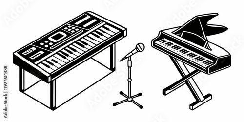 A vintage keyboard and a modern keyboard side by side on stands Vector