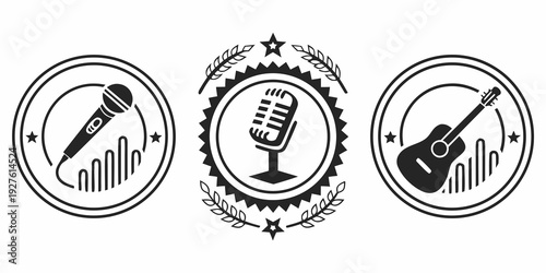 Three circular icons representing music, art, and performance in a vintage style Vector