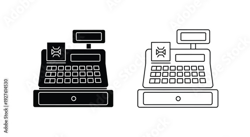 Two black and white illustrations of vintage cash registers