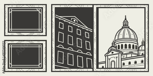 A collage of images featuring a brick wall, a modern building, and a historic church. Vector