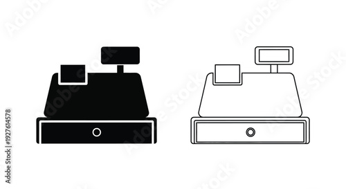 Two cash register icons one solid black one outlined in white