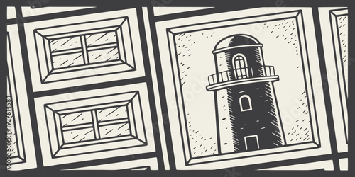 A person dressed in a black robe and hood stands in front of a building with columns. Vector