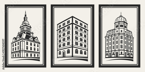 Three distinct buildings showcasing architectural diversity and historical significance Vector