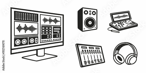 A collection of audio equipment including a computer monitor, speakers, and headphones Vector