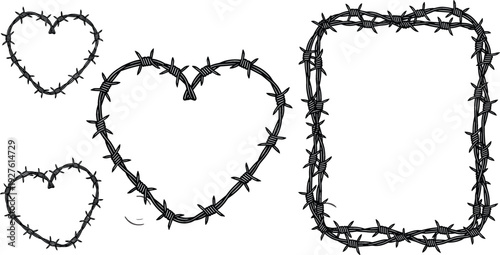 Barbed Wire Heart and Frame Illustration Set in Black and White, Grunge Love Symbol and Thorny Border Shapes for Dark Romance Concept Vector Design