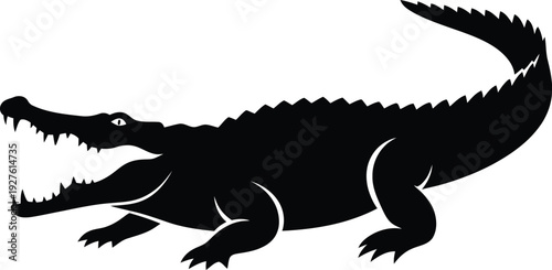 A black silhouette of a crocodile on a white background