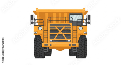 Front view of a large yellow mining dump truck isolated on white background.