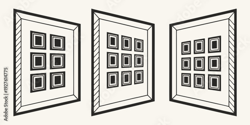 Three open windows with blinds and curtains in a row on a white wall Vector
