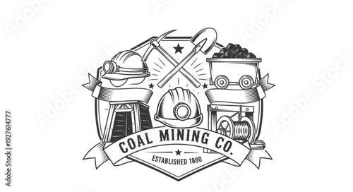 Vintage Coal Mining Company Emblem Depicting Mining Tools and Equipment.
