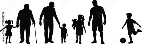 Black Silhouettes of Multi-Generational Family Members Including Grandparents Children and Parents in Various Poses Such as Walking Playing and Standing
